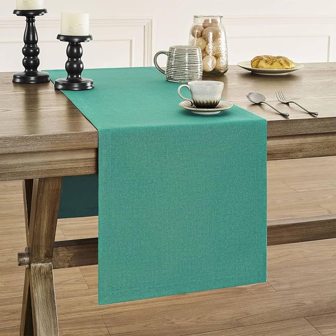 ZeeMart Basic Linen Style Table Runner, 14x36 Inch Teal | Mitered Corner Design, Medium Weight Fabric, Rustic Farmhouse Style, Machine Washable Easy Care Everyday Table Scarf