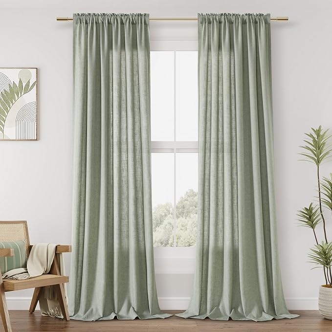 Sage Green Linen Curtains 84 Inch Length for Living Room Bedroom 2 Panels Set Rod Pocket Light Filtering Semi Sheer Window Curtains 52 Inch Width Boho Farmhouse Linen Drapes, W52xL84
