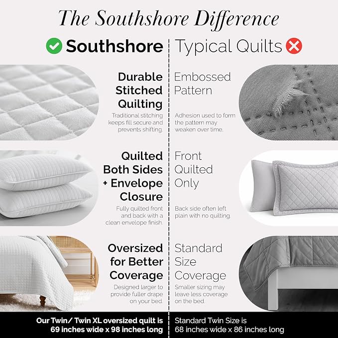 Southshore Fine Living, Inc. Twin XL Quilt Bedding Set, Dorm Room Bedding Essentials, Stain Resistant, Machine Washable Bedspread, Twin XL Grey Quilt Bed Spread with Pillow Sham, Light Grey Quilts