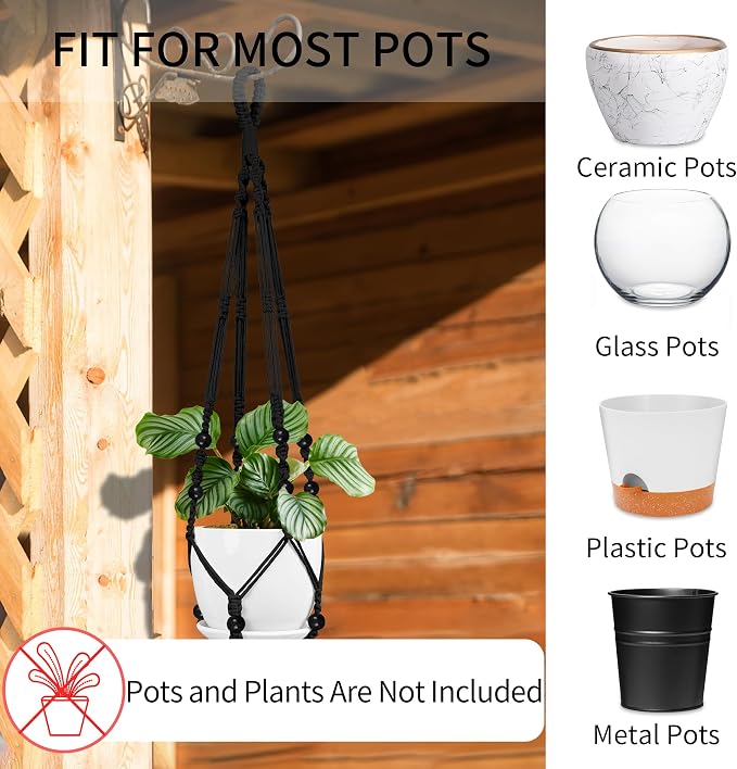 Macrame Plant Hanger - Fits 4-15 Inch Pots, 3 Pack, Black