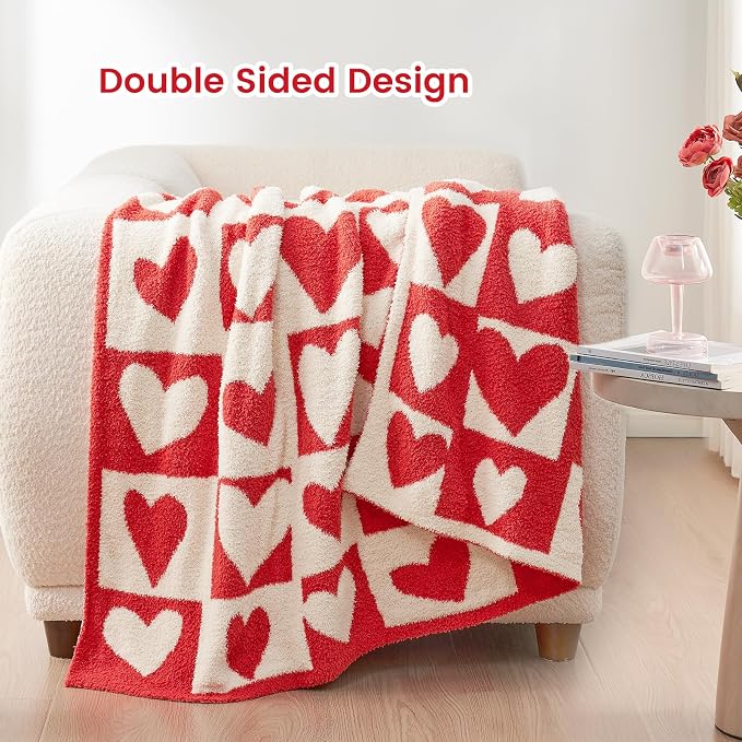 Snuggle Sac Valentines Throw Blanket Red Checker, Knitted Super Soft Cozy Blankets, Valentines Day Gifts for Her, Microfiber Heart Throws for Couch, Checkered Love, 50x60 inches