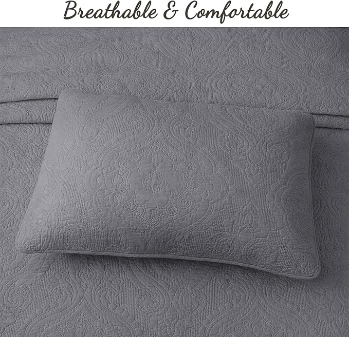 Cozy Line Home Fashions Charcoal Gray Cotton Quilt Set – 3-Piece Solid Textured Quilted Bedspread with Shams, Lightweight All Season Modern Bedding (Medallion - Grey, King - 3 piece)