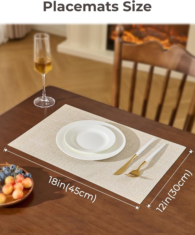 Leetaltree Beige Placemats Set of 6 - Heat-Resistant, Non-Slip Table Mats, Washable Woven Vinyl for Indoor & Outdoor Dining