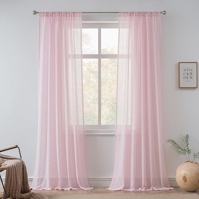 FMFUNCTEX Pink Linen Sheer Curtains, 96 Inches, 2 Panels for Bedroom | Semi Sheer Drapes, Flax Linen, Rod Pocket, Light Filtering, Farmhouse French, Kitchen, Privacy, Girls, for Living Room
