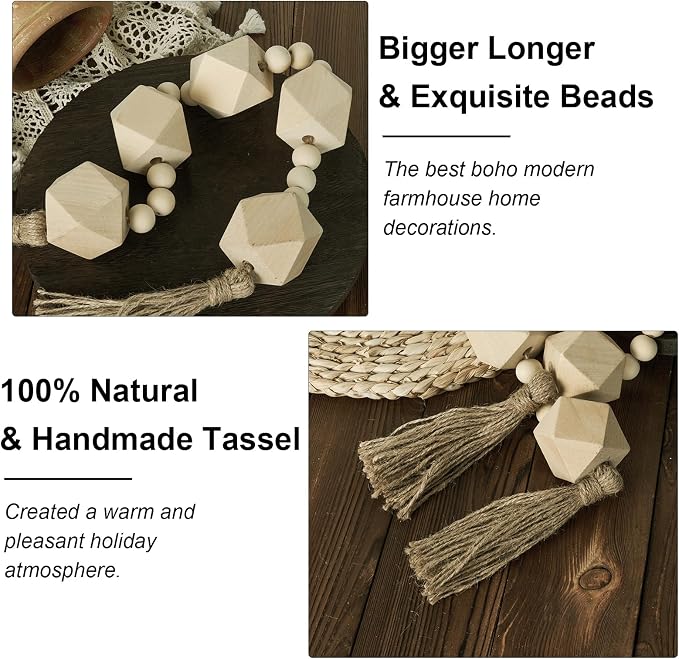 2" Octagonal Extra Large Wood Bead Garland with Tassels, 28" Long Rustic Farmhouse Wooden Beads Garland, Decorative Beads Boho Decorations for Home Table Mantle Natural Beige