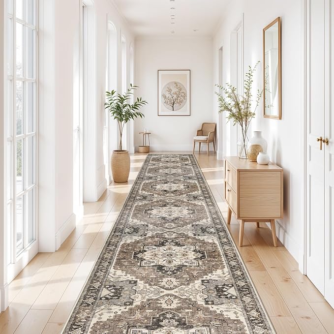 3x20 Washable Hallway Runner Rug - Hallway Rug Distressed Mats Non-Slip Soft Kitchen Room Floor Carpet for Dining Room (Beige,3x20)