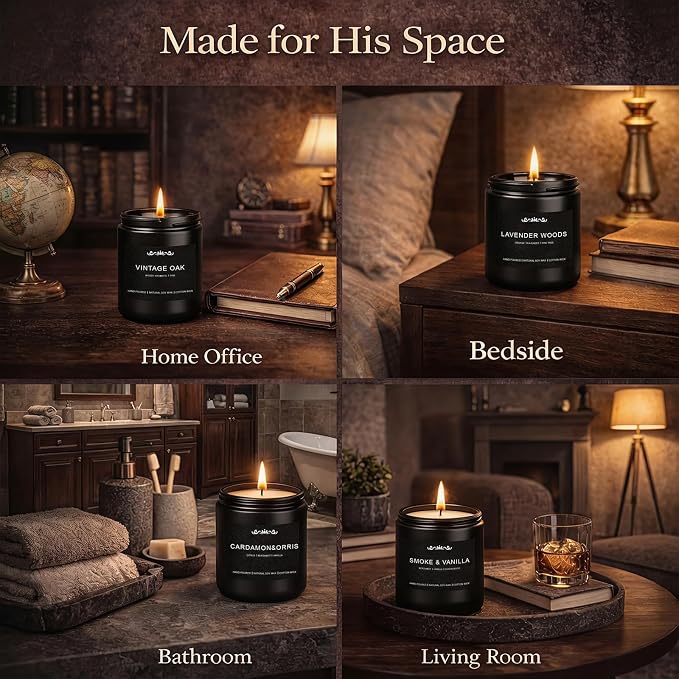 Candle Set for Men, 6 Pack Soy Wax Scented Candles Manly Gift Set, 300H Long Lasting Home Fragrance with Masculine Scents, Gift for Dad, Husband or Boyfriend