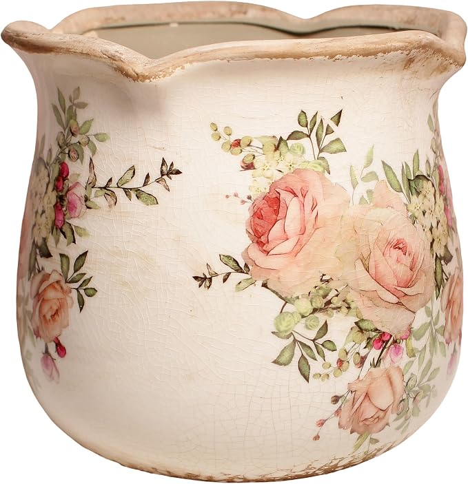 Ceramic Flower Vase, Rustic Farmhouse Vases & Planting Pots with Drainage | Decorative Utensil Vase, European Cottage Home Decor, Mantel Fireplace Bookshelf Wedding Centerpieces, Pink Rose Floral