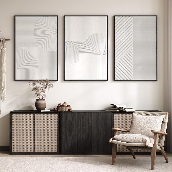 Large 3D Textured Modern White Abstract Wall Art for Living Room, 3 Piece | Solid Wood Framed Artwork for Walls, Set of 3 All White Texture Paintings, 24x36 In Big Pictures Wall Decor Bedroom Office