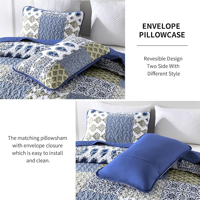 Mybedsoul Boho Quilt King Size, Patchwork Floral Bedding Set, Aqua Blue | Soft Lightweight Microfiber Reversible Coverlet Set, 3 Pieces Plaid Bedspread, Bed Sets for All Seasons 90"x110"