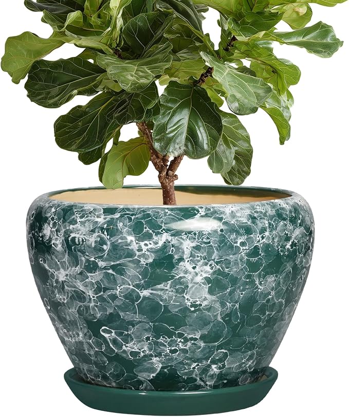 Ceramic Planter, 10 Inch Pots for Plants Indoor, Bubble Green | Decorative Modern Flower Pots with Drainage Hole and Saucer, Round Large Plant Pot, House Decor, Gifts for Gardeners