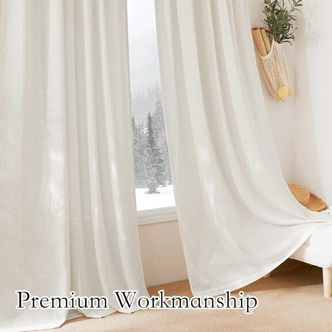 RYB HOME Linen Textured Sheer Curtains 84 inches Long for Living Room | Privacy Semi-Transparent Sheer, Window Curtains for Bathroom, French Door, Rod Pocket, Linen, W70 x L84, 1 Pair