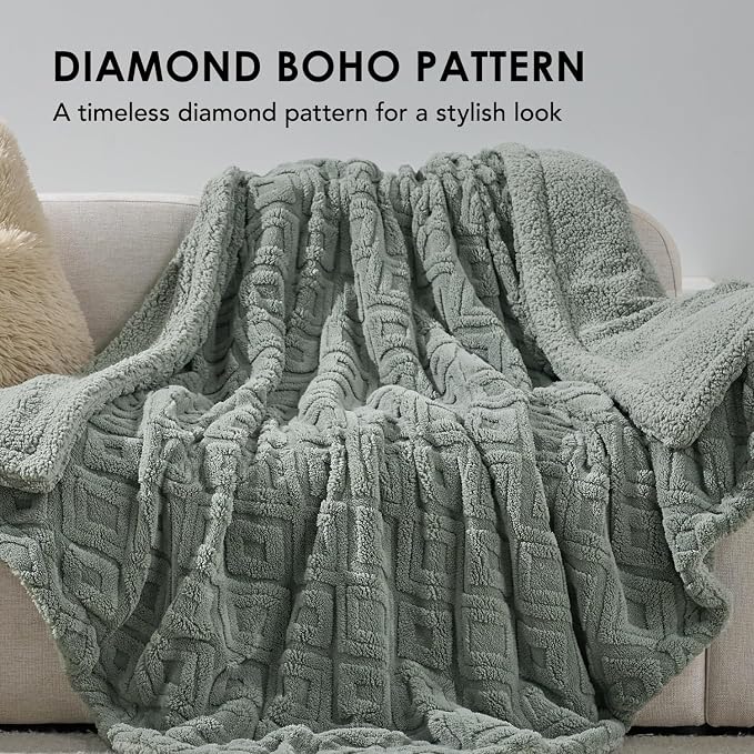 EverGrace Jacquard Reversible Sherpa Throw Blanket, 50" x 60", Sage Green | Jacquard Sherpa Throw Blanket, Super Soft, Cozy Plush Blanket, Reversible Thick Warm Throw for Bed, Sofa, Living Room