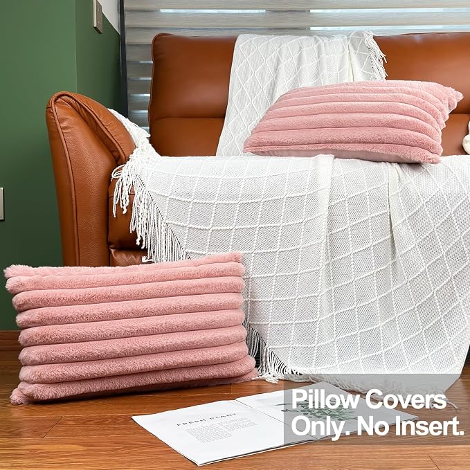COTEY 12x20 Decorative Faux Fur Throw Pillow Covers Set of 2- Pink
