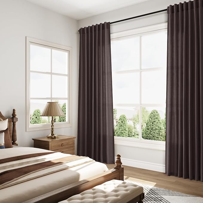 Cocoa Coffee Linen Blend Light Filtering Back Tab Curtains 108 Inches Long, Semi Sheer Privacy Drapes for Living Room & Bedroom, 52x108 inch, 2 Panels