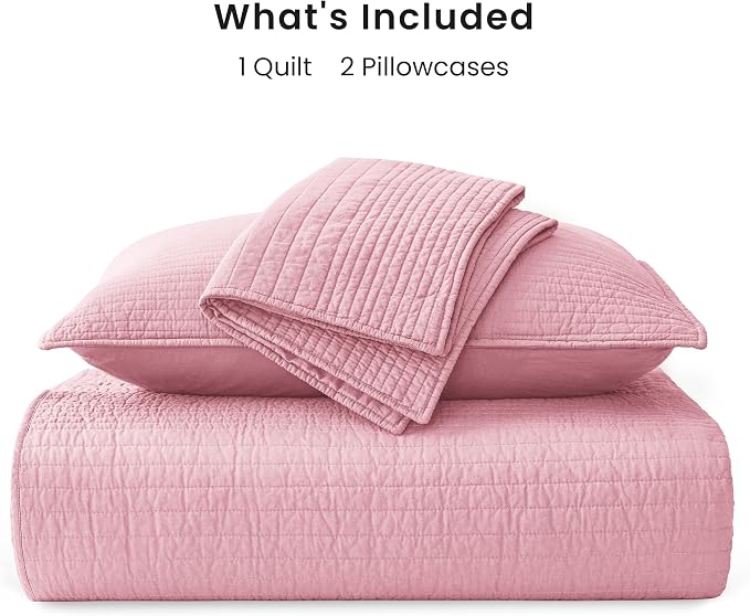 Love's cabin Queen Size Cotton Quilt Set, 100% Cotton Fabric Striped Textured Coverlet with Crinkled Look, Lightweight Quilted Bedspread for All Season, Includes 2 Pillow Shams, Pink