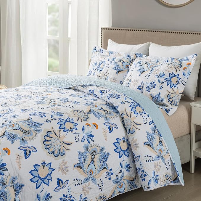 NEWLAKE Cotton Bedspread Quilt Sets-Reversible Patchwork Coverlet Set, Gorgeous Floral Pattern, King Size