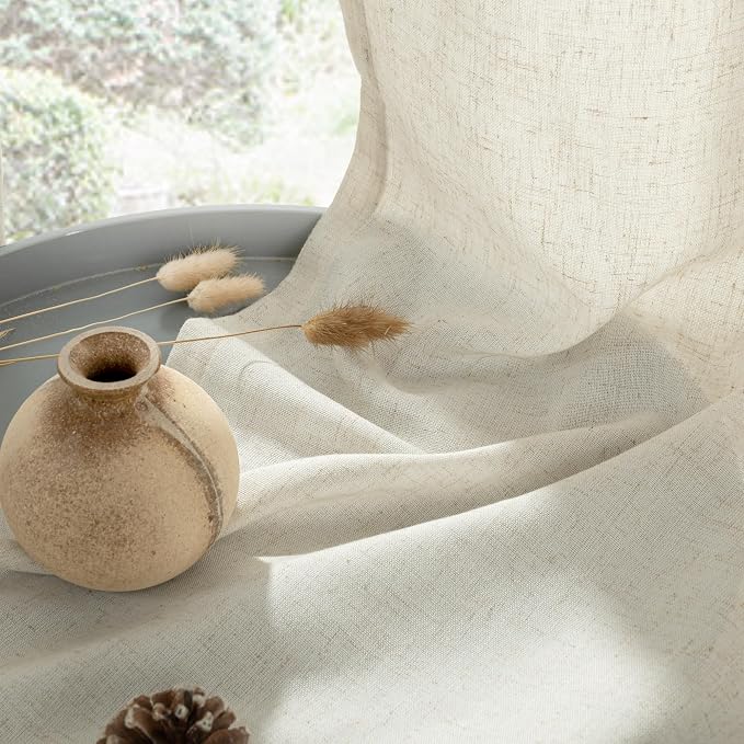 YoungsTex Short Linen Curtains 45 Inches Length for Kitchen Window - Natural Light Filtering Drapes with Grommet Semi Sheer Privacy for Bedroom Bathroom Window, 2 Panels, 42 X 45 Inch