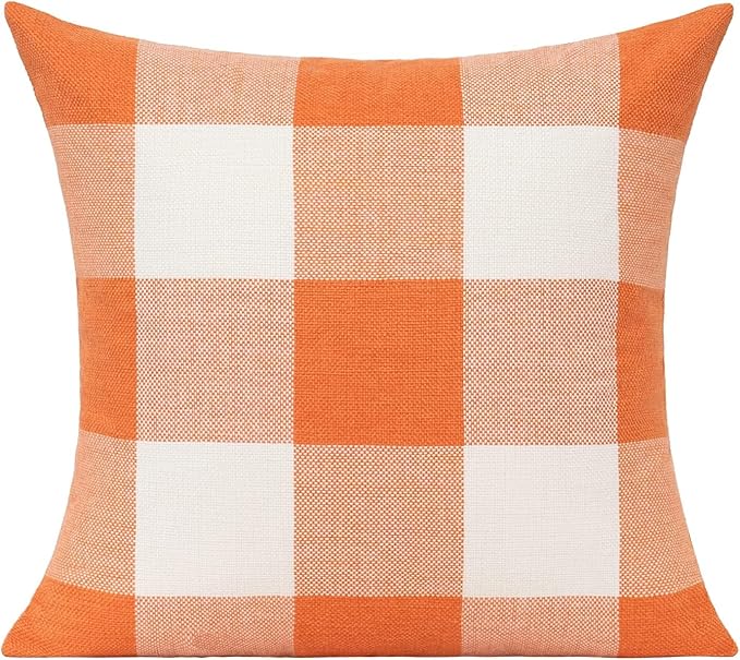VAKADO Fall Outdoor Orange Decor Throw Pillow Covers 26x26 Set of 2 Decorative Thanksgiving Buffalo Checker Plaids Rustic Autumn Farmhouse Home Decoration for Living Room Bed Couch, Orange White