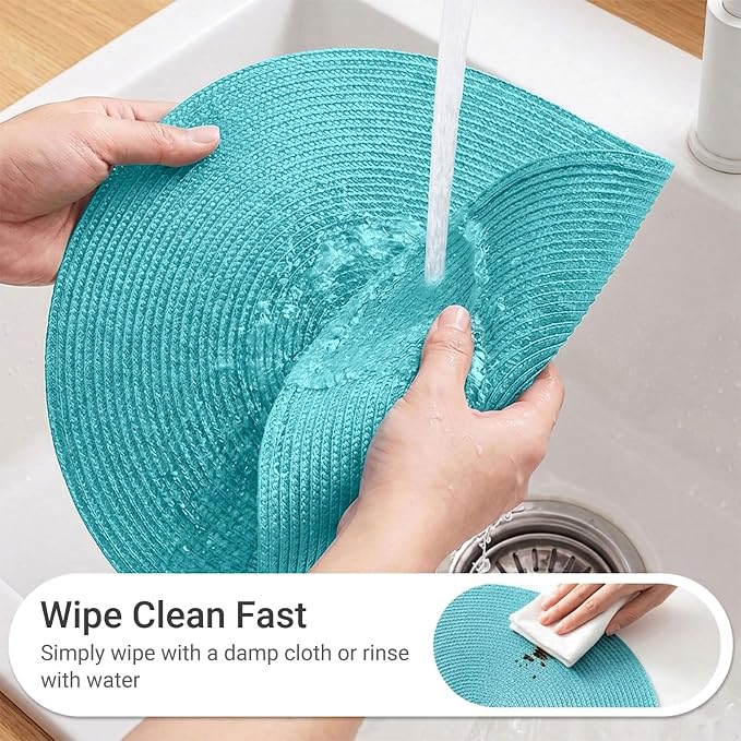 FunWheat Round Braided Placemats Set of 8 Place Mats for Dining Table Woven Washable Non-Slip Table Mats 15 Inch(Turquoise,8pcs)