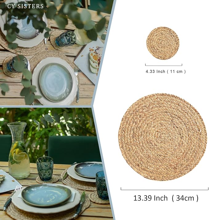 Round Placemats Set of 8 with 8 Coasters Natural Water Hyacinth Woven Placemats Farmhouse Braided Place Mats Boho Straw Placemat Wipeable Wicker Outdoor Place Mats for Patio Table 13.4''