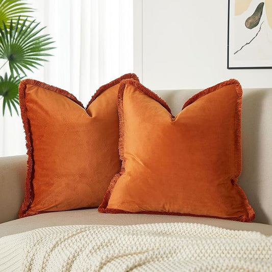 JUSPURBET Rust Decorative Velvet Fringe Throw Pillow Covers 18x18 Set of 2 Boho Soft Cushion Case for Home Decor Living Room Couch Sofa Bed