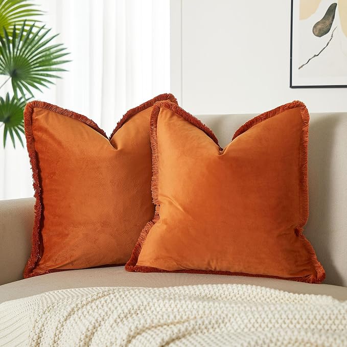 JUSPURBET Pack of 2 Rust Decorative Fringe Velvet Throw Pillow Covers 26x26 for Home Decor Living Room Bedroom Car Boho Soft Cushion Cover with Hidden Zipper Machine Washable