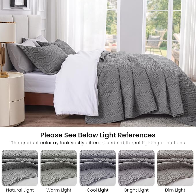 Love's cabin Twin Quilt Bedding Set Grey Bedspreads - Soft Bed Summer Lightweight Bedspread Comforter - Wave Pattern Bedding Coverlet for All Season - 2 Pieces (1 Quilt, 1 Pillow Sham)
