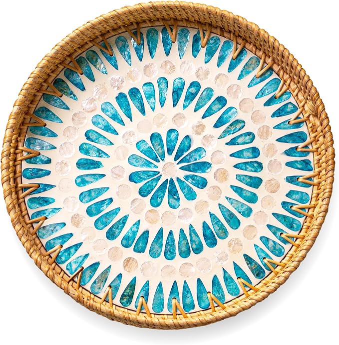 JUNGLE CULTURE Round Rattan Tray with Mother of Pearl Inlay • Ripple 12”