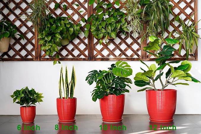 6 Inch Ceramic Plant Pot - Ceramic Pots for Plants, Round Planter with Drainage Hole and Saucer, Modern Flower Pots for Indoor Plants, Desk Home Office Decor, Plant Lover Gifts, Glossy Red
