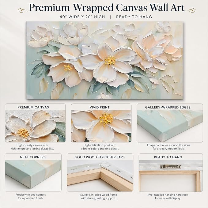 Anolyfi Large White Floral Canvas Wall Art for Living Room Bedroom 40"x20" | HD Print and Hand-painted Textured, Easy to Hang, Durable Colorfast, Modern Flowers Sage Paintings for Hallway Home Decor