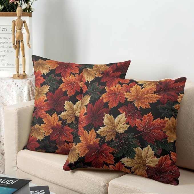 Fall Leaves Pillow Covers Autumn Maple Leaf Throw Pillow Covers 16x16 Set of 2 Harvest Outdoor Pillow Cases Thanksgiving Seasonal Cushion Cases for Home Farmhouse Garden