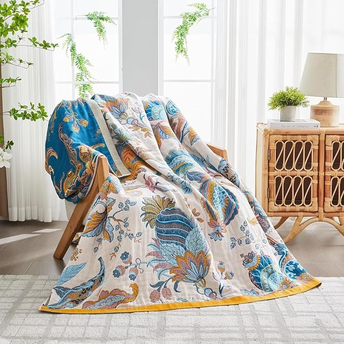 Boho Throw Blanket for Bed 100% Cotton Bohemian Blankets Ultra Soft Woven Muslin Decorative Blankets All Seasons Vintage Quilt Knitted Blanket for Sofa Chair(Beige, 90"x98")