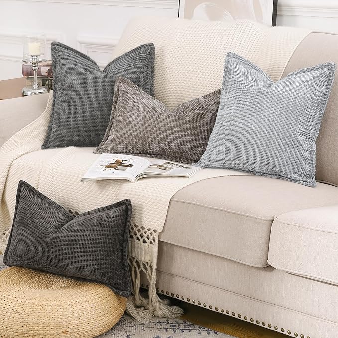 MADIZZ Decorative Chenille Velvet Throw Pillow Covers Set of 2 Soft Boho Textured Neutral Couch Throw Pillow for Bed Modern Farmhouse Home Decor for Sofa Livingroom Dark Grey 24x24 Inch Euro Sham