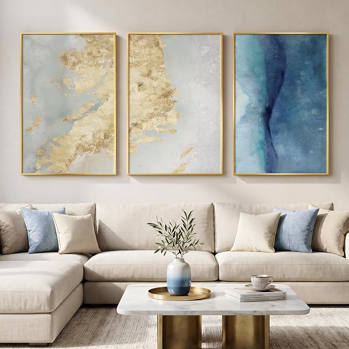 Large Framed Blue Gold Abstract Wall Art for Living Room, 3 Piece 24x36 In | Luxury modern pictures, Canvas prints, Contemporary painting, Elegant artwork for walls, Wall decor for dining bedroom office