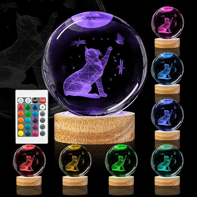 3D Cat Crystal Ball Night Light 3.15In Cat Figurines Glass Ball Lamp with 16 Color and Remote Birthday Christmas Gifts for Women Girl Friends Cat Lover Decor