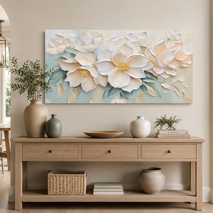 Anolyfi Large White Floral Canvas Wall Art for Living Room Bedroom 40"x20" | HD Print and Hand-painted Textured, Easy to Hang, Durable Colorfast, Modern Flowers Sage Paintings for Hallway Home Decor