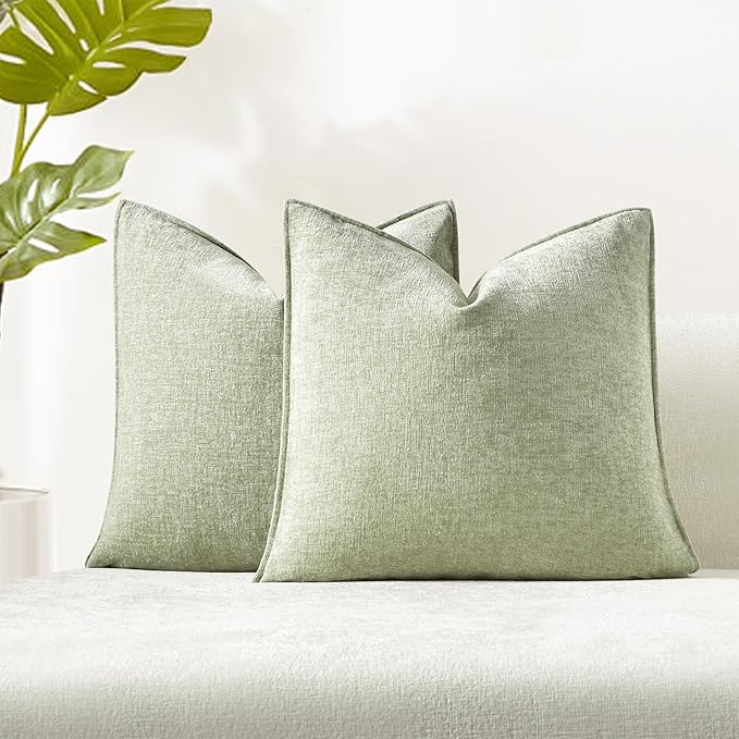 24x24 Chenille Decorative Throw Pillow Covers Case Set of 2,Light Green | JUSPURBET Cozy Soft Cushion Covers with Invisible Zipper for Couch Sofa Bed Home Decor Living Room