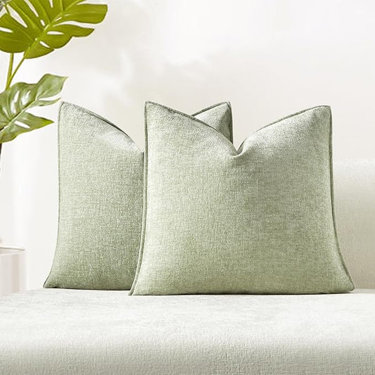 24x24 Chenille Decorative Throw Pillow Covers Case Set of 2,Light Green | JUSPURBET Cozy Soft Cushion Covers with Invisible Zipper for Couch Sofa Bed Home Decor Living Room