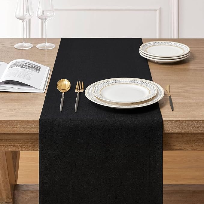 ZeeMart Linen Textured Border Table Runner, 14 x 36 Inch Black | Mitered Corner Design, Medium Weight Fabric, Modern Farmhouse Style, Machine Washable Easy Care Everyday Table Scarf