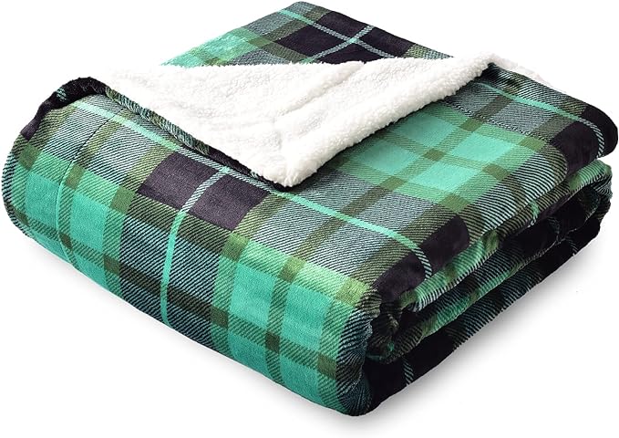 SOCHOW Sherpa Plaid Fleece Throw Blanket, 60 x 80 inches, Green | Double-Sided Super Soft Luxurious Bedding Blanket