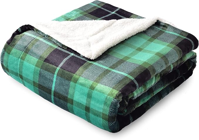SOCHOW Sherpa Plaid Fleece Throw Blanket, 50 x 60 inches, Green | Double-Sided Super Soft Luxurious Bedding Blanket
