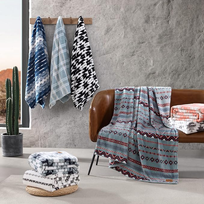 Wrangler - Blanket, Super Soft Plush Bedding, Yellowstone Inspired Throw Blanket for Couch or Bed (Navajo Light Blue, 50" x 70")