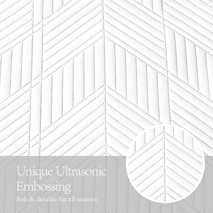 Davulos Queen Quilt Bedding Set,White Ultrasonic Full/Queen Quilt Set Reversible Microfiber Bedspread,Lightweight Soft Modern Geometric Coverlet Set for All Seasons(1 Quilt,2 Pillow Shams)