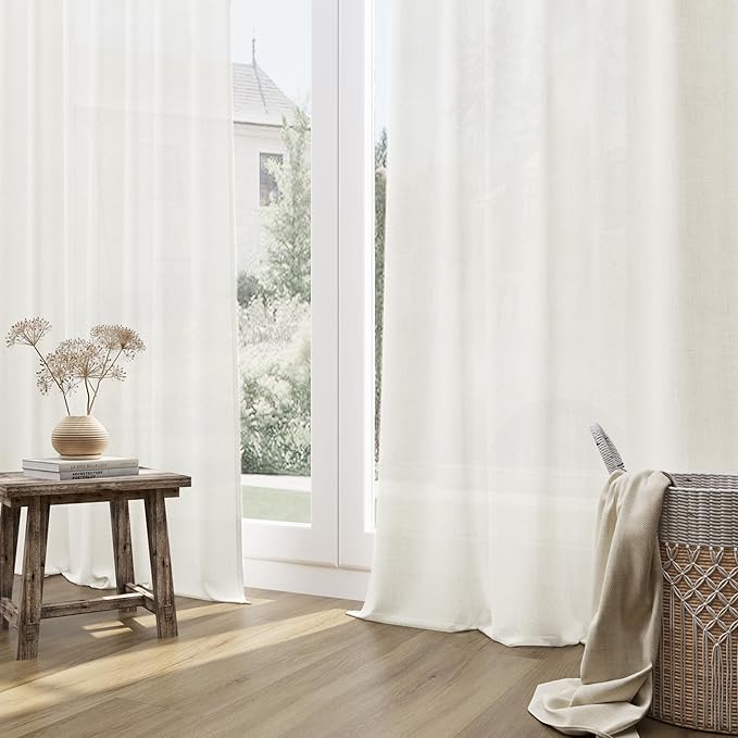 Linen Curtains 60 Inches Long for Living Room Natural Cream Semi Sheer Curtain Rod Pocket 2 Panels Set Boho Farmhouse Light Filtering Window Drapes for Bedroom Beige Ivory 52x60