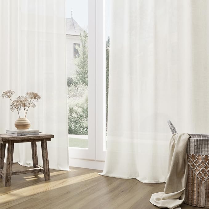 Extra Wide Linen Curtains 84 Inches Long for Living Room Natural Cream Semi Sheer Curtain 2 Panels Rod Pocket Light Filtering Window Drapes for Bedroom Sliding Glass Door Beige Ivory 60x84