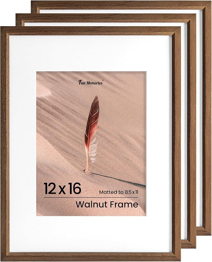 Fun Memories 12x16 Picture Frame, Solid Oak Wood Modern Photo Frame for Wall 12x16 with 8.5x11 Mat, High Definition Plexiglass & Wall Hook Included (Walnut, 3 Pack)