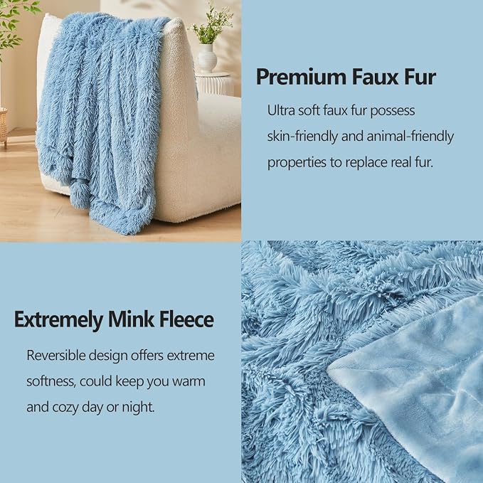 GONAAP Fuzzy Faux Fur Throw Blanket for Couch, Light Blue, 50"x60" | Warm Cozy Plush Shaggy Decorative Reversible Thick Non-Heated Fleece Blanket for Sofa Bed, Gift for Women Men, All Season Use