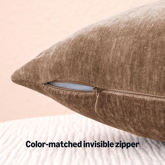 Amazon Basics Chenille Throw Pillow Covers, Home Decor Lumbar Cushion Cover for Bedroom Living Room Couch Bed, 12" W × 20" L, Brown