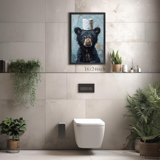 LLEEMPI Funny Black Bear Toilet Paper Bathroom Wall Art,16x24 Framed Print | Vintage blue and black rustic humor decor for restroom, hallway or cabin; housewarming gift for bear and animal lovers.